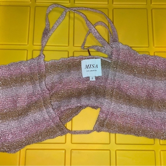 NWT MISA Los Angeles Blanca Shimmer Knit Halter Top Blue Combo Small - Picture 4 of 6